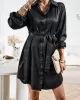 Buttoned Leopard Tied Waist Long Sleeves Loose Lapel Shirt Dress Mini Dresses