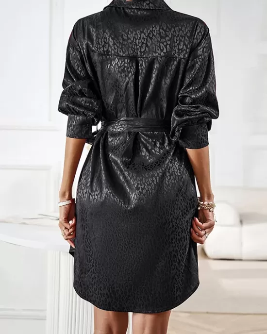 Buttoned Leopard Tied Waist Long Sleeves Loose Lapel Shirt Dress Mini Dresses