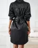 Buttoned Leopard Tied Waist Long Sleeves Loose Lapel Shirt Dress Mini Dresses