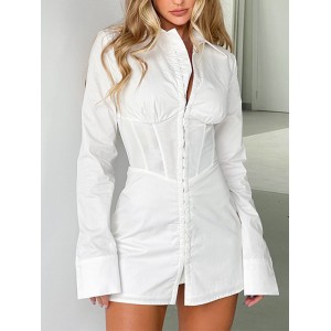 Buckle Solid Color Split-Front High Waisted Long Sleeves Lapel Mini Dresses