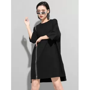 Original Black Zipper Batwing Sleeve Round-Neck Mini Dress