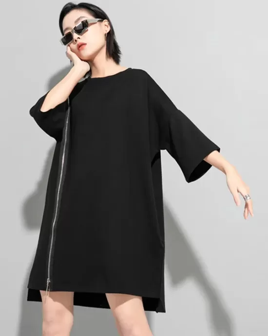 Original Black Zipper Batwing Sleeve Round-Neck Mini Dress