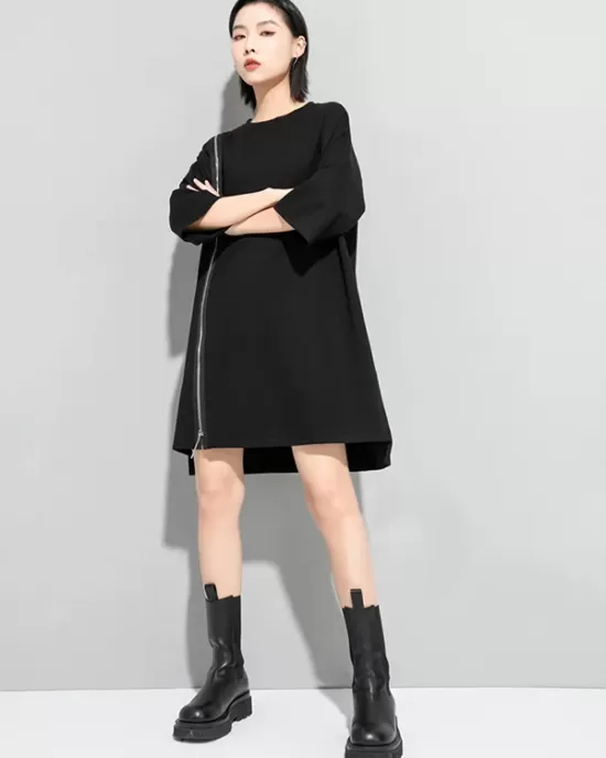 Original Black Zipper Batwing Sleeve Round-Neck Mini Dress