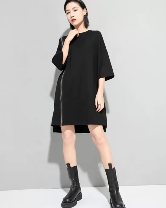 Original Black Zipper Batwing Sleeve Round-Neck Mini Dress