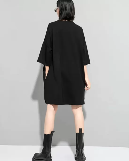 Original Black Zipper Batwing Sleeve Round-Neck Mini Dress