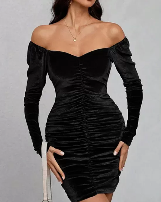 Pleated Solid Color Velvet Bodycon High Waisted Off-The-Shoulder Mini Dresses