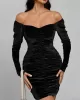 Pleated Solid Color Velvet Bodycon High Waisted Off-The-Shoulder Mini Dresses