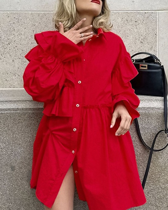 Asymmetric Buttoned Elasticity Layered Ruffled Solid Color High-Low Long Sleeves Lapel Mini Dresses