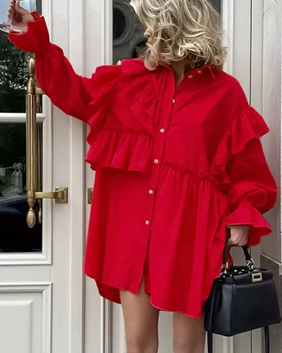 Asymmetric Buttoned Elasticity Layered Ruffled Solid Color High-Low Long Sleeves Lapel Mini Dresses