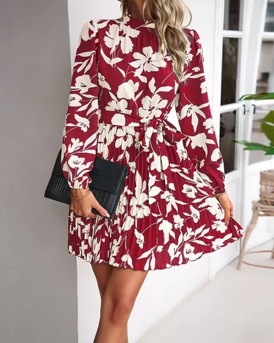 Flower Print Pleated Tied Waist High Waisted Long Sleeves Mock Neck Mini Dresses