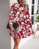 Flower Print Pleated Tied Waist High Waisted Long Sleeves Mock Neck Mini Dresses