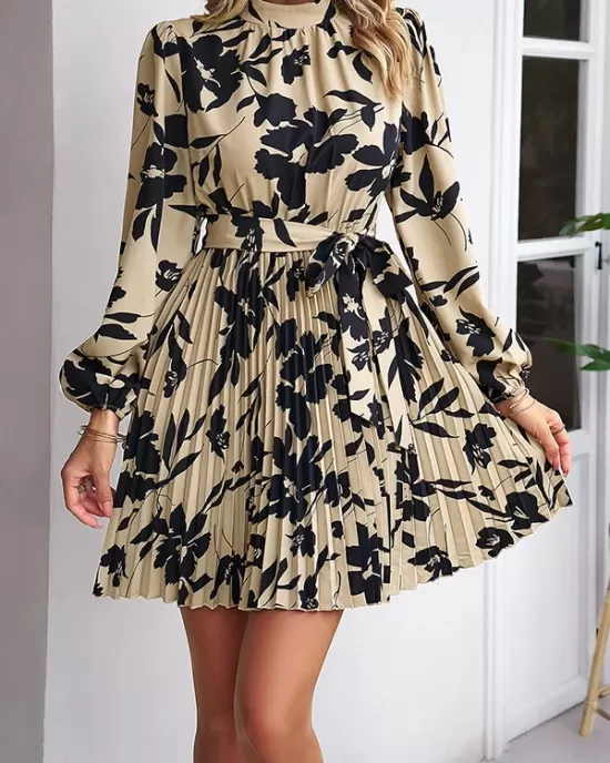 Flower Print Pleated Tied Waist High Waisted Long Sleeves Mock Neck Mini Dresses