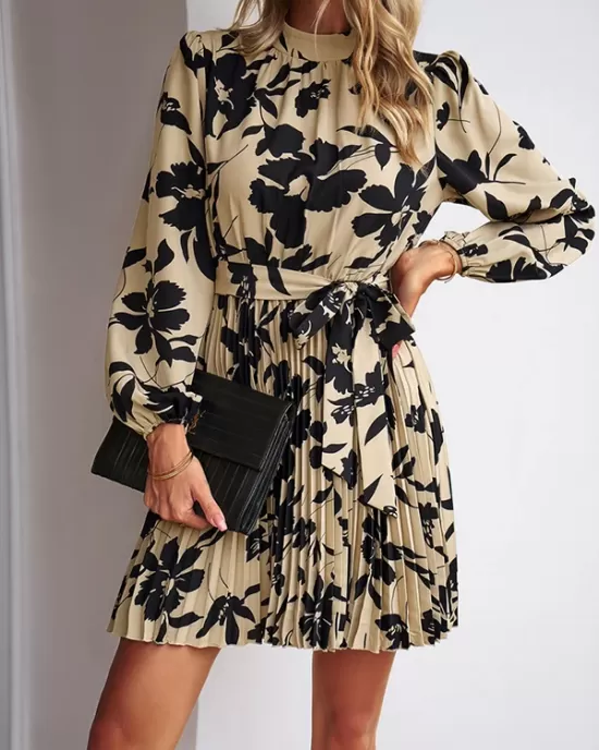 Flower Print Pleated Tied Waist High Waisted Long Sleeves Mock Neck Mini Dresses