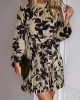 Flower Print Pleated Tied Waist High Waisted Long Sleeves Mock Neck Mini Dresses