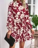 Flower Print Pleated Tied Waist High Waisted Long Sleeves Mock Neck Mini Dresses