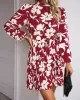 Flower Print Pleated Tied Waist High Waisted Long Sleeves Mock Neck Mini Dresses