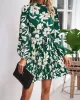 Flower Print Pleated Tied Waist High Waisted Long Sleeves Mock Neck Mini Dresses