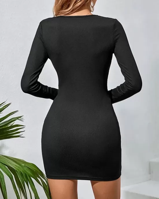 Knot Solid Color Long Sleeves Skinny Round-Neck Mini Dresses