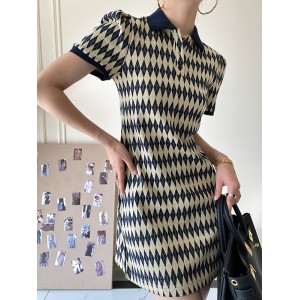 Original Plaid Knitting Lapel Collar Short Sleeves Mini Dress