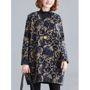 Artistic Retro Loose Long Sleeves Keep Warm Floral Printed High-Neck Mini Dresses