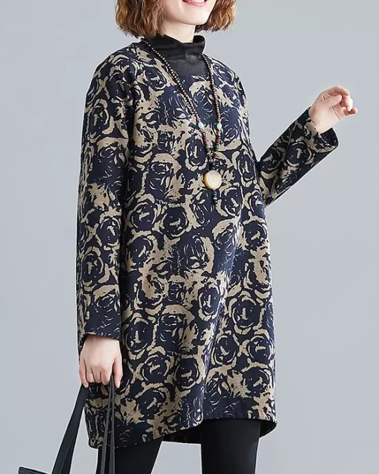 Artistic Retro Loose Long Sleeves Keep Warm Floral Printed High-Neck Mini Dresses