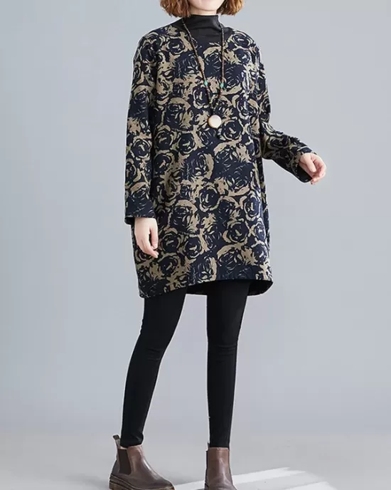 Artistic Retro Loose Long Sleeves Keep Warm Floral Printed High-Neck Mini Dresses