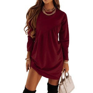 Casual Loose Long Sleeves Solid Color Round-Neck Mini Dresses