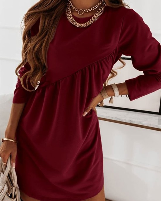 Casual Loose Long Sleeves Solid Color Round-Neck Mini Dresses