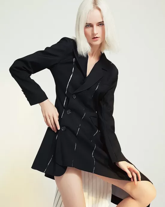 Casual Skinny Long Sleeves Striped Split-Joint Lapel Collar Blazer Mini Dresses