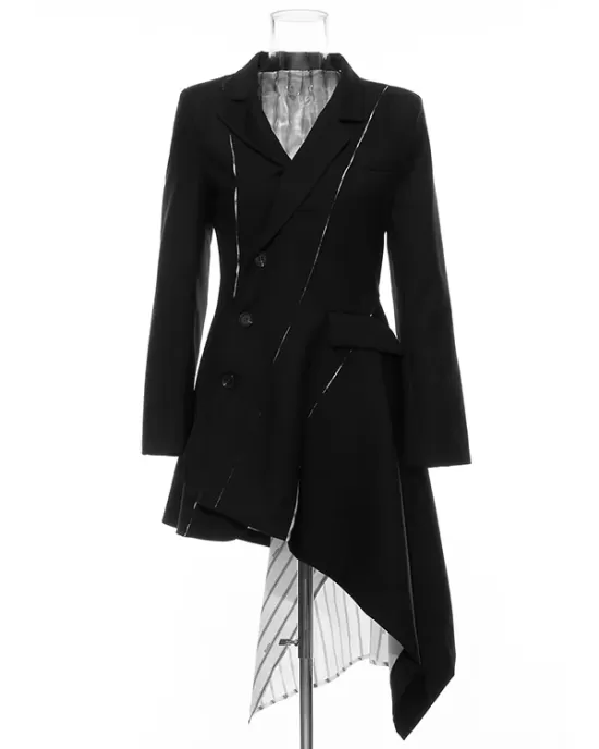 Casual Skinny Long Sleeves Striped Split-Joint Lapel Collar Blazer Mini Dresses