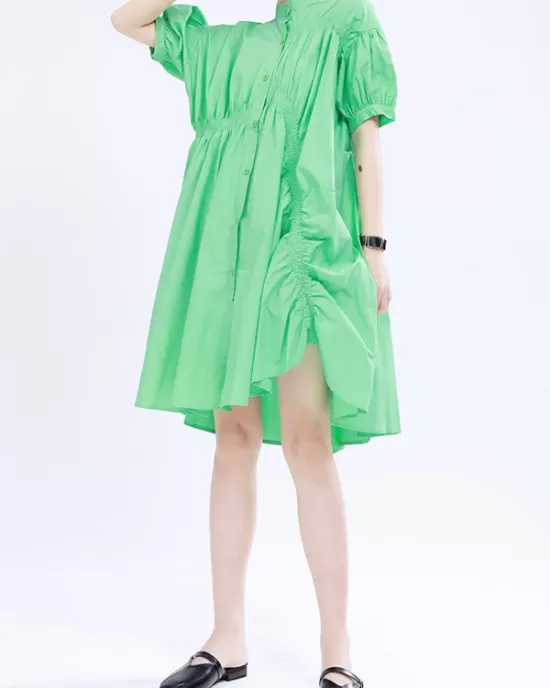 Asymmetric Pleated Solid Color Loose Short Sleeves Stand Collar Shirt Dress Mini Dresses