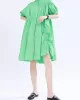 Asymmetric Pleated Solid Color Loose Short Sleeves Stand Collar Shirt Dress Mini Dresses