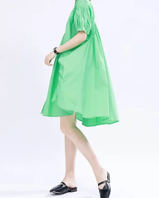 Asymmetric Pleated Solid Color Loose Short Sleeves Stand Collar Shirt Dress Mini Dresses