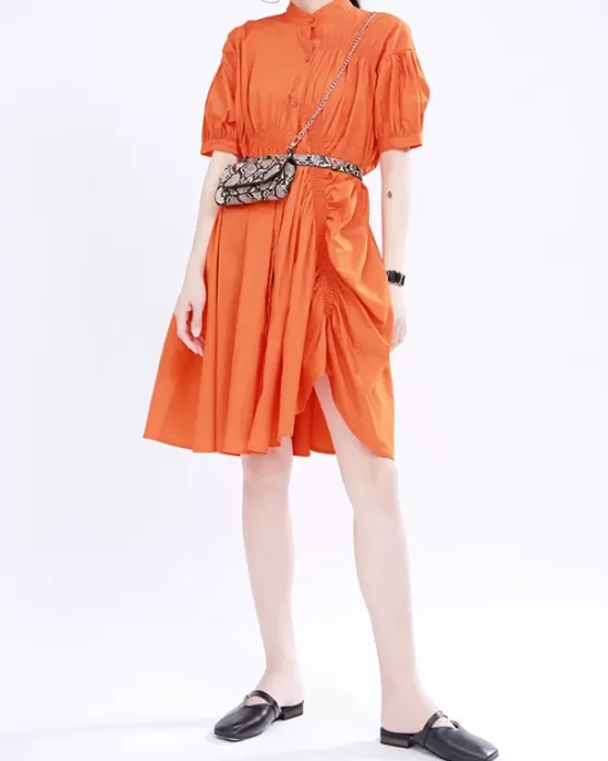 Asymmetric Pleated Solid Color Loose Short Sleeves Stand Collar Shirt Dress Mini Dresses