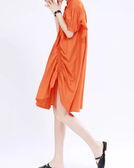 Asymmetric Pleated Solid Color Loose Short Sleeves Stand Collar Shirt Dress Mini Dresses