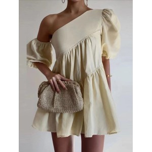 Loose Puff Sleeves Asymmetric Solid Color One-Shoulder Mini Dresses