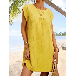 Pleated Solid Color Cap Sleeve Loose Round-neck Mini Dresses