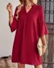 Falbala Solid Color Loose Short Sleeves V-Neck Mini Dresses