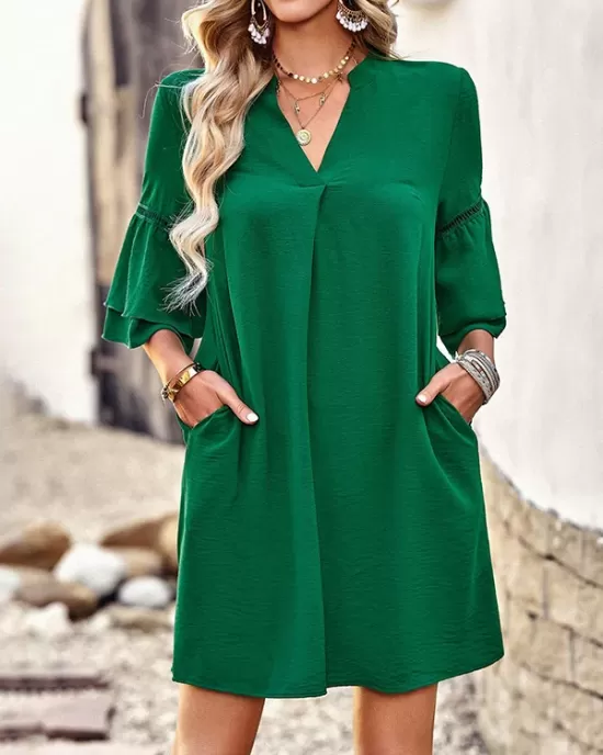 Falbala Solid Color Loose Short Sleeves V-Neck Mini Dresses