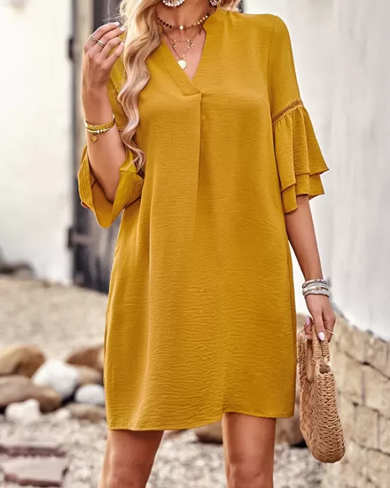 Falbala Solid Color Loose Short Sleeves V-Neck Mini Dresses