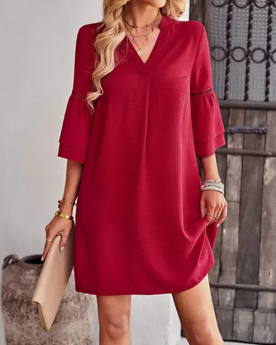 Falbala Solid Color Loose Short Sleeves V-Neck Mini Dresses