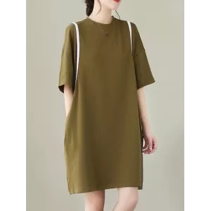 Split-Joint Loose Short Sleeves Round-Neck Mini Dresses