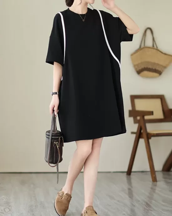 Split-Joint Loose Short Sleeves Round-Neck Mini Dresses