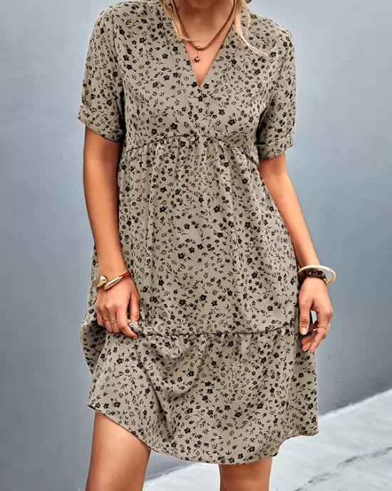 Flower Print Split-Joint Short Sleeves V-Neck Mini Dresses