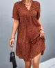 Flower Print Split-Joint Short Sleeves V-Neck Mini Dresses