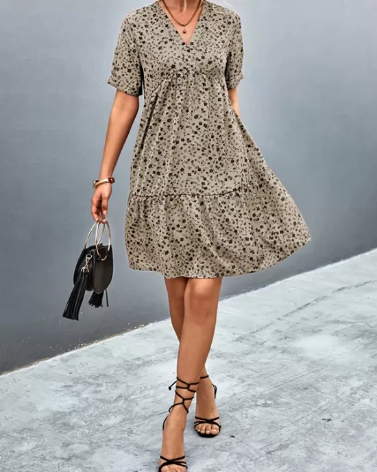 Flower Print Split-Joint Short Sleeves V-Neck Mini Dresses