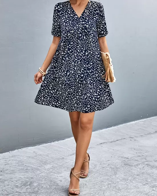 Flower Print Split-Joint Short Sleeves V-Neck Mini Dresses