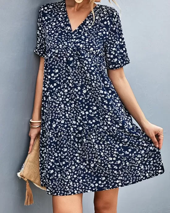 Flower Print Split-Joint Short Sleeves V-Neck Mini Dresses