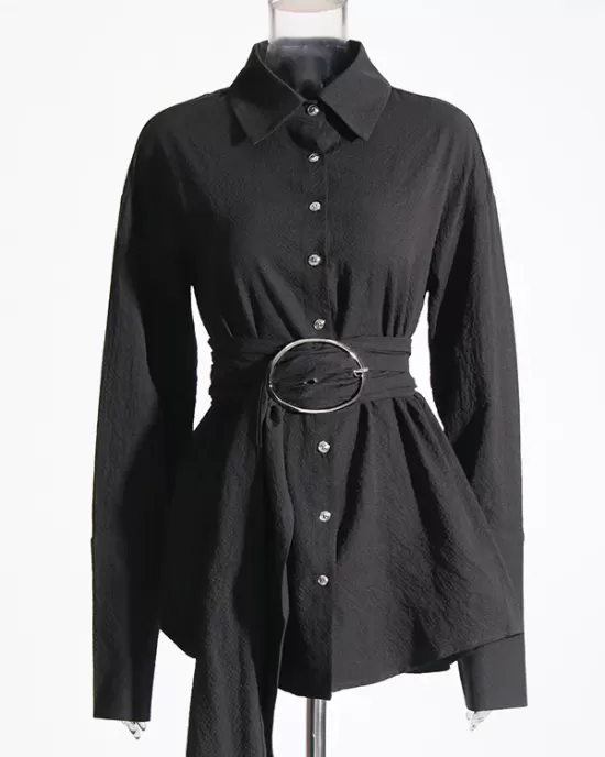 Belted Buttoned Long Sleeves Loose Lapel Shirt Dress Mini Dresses