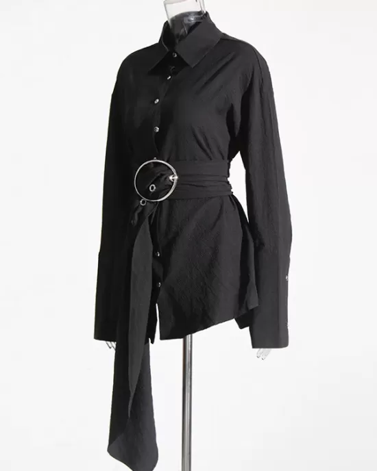 Belted Buttoned Long Sleeves Loose Lapel Shirt Dress Mini Dresses